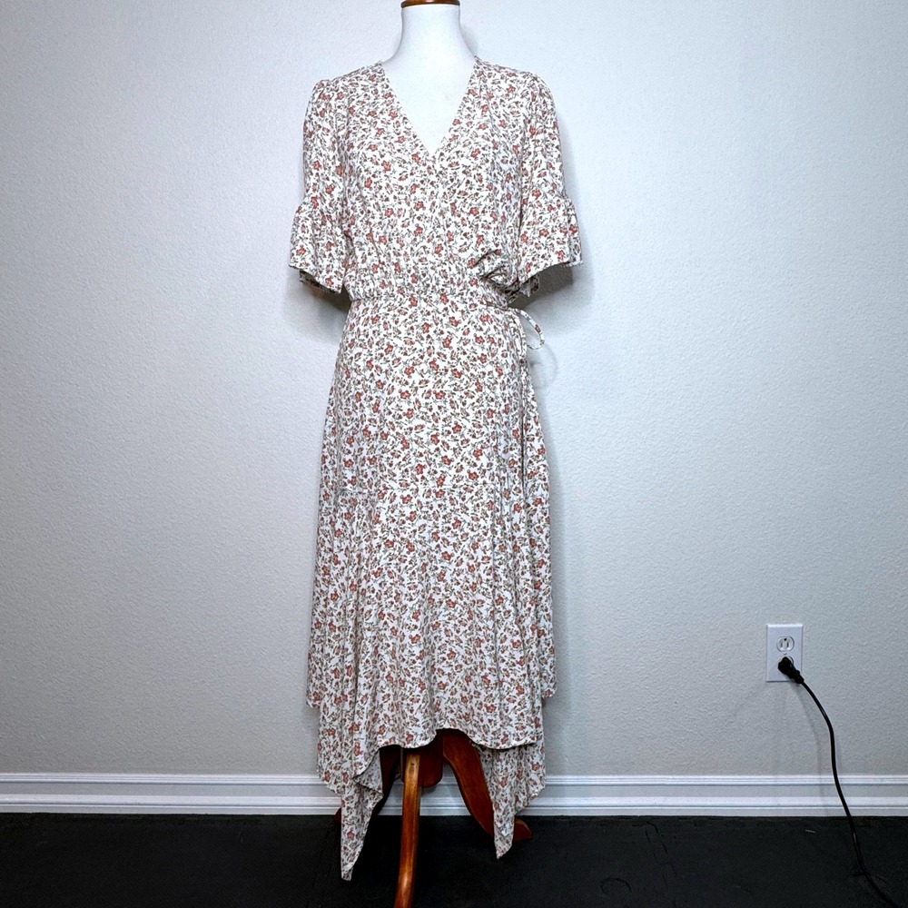 CALISTA Wrap Bitty‎ Floral Midi Dress LARGE Short Ruffle Sleeves Cottage Core